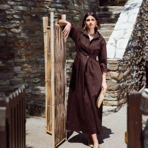 NEW LUXMII Halvar Linen Maxi Dress Espresso Brown Size XXS